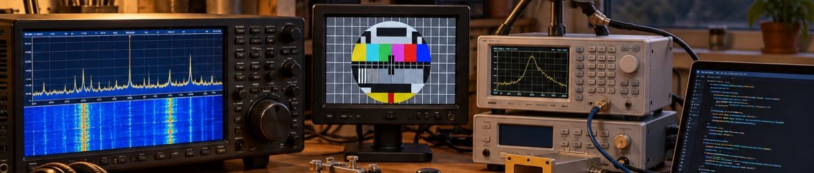 Amateur radio workbench with SDR waterfall display, DATV test pattern, microwave dish, RF instruments and coding laptop