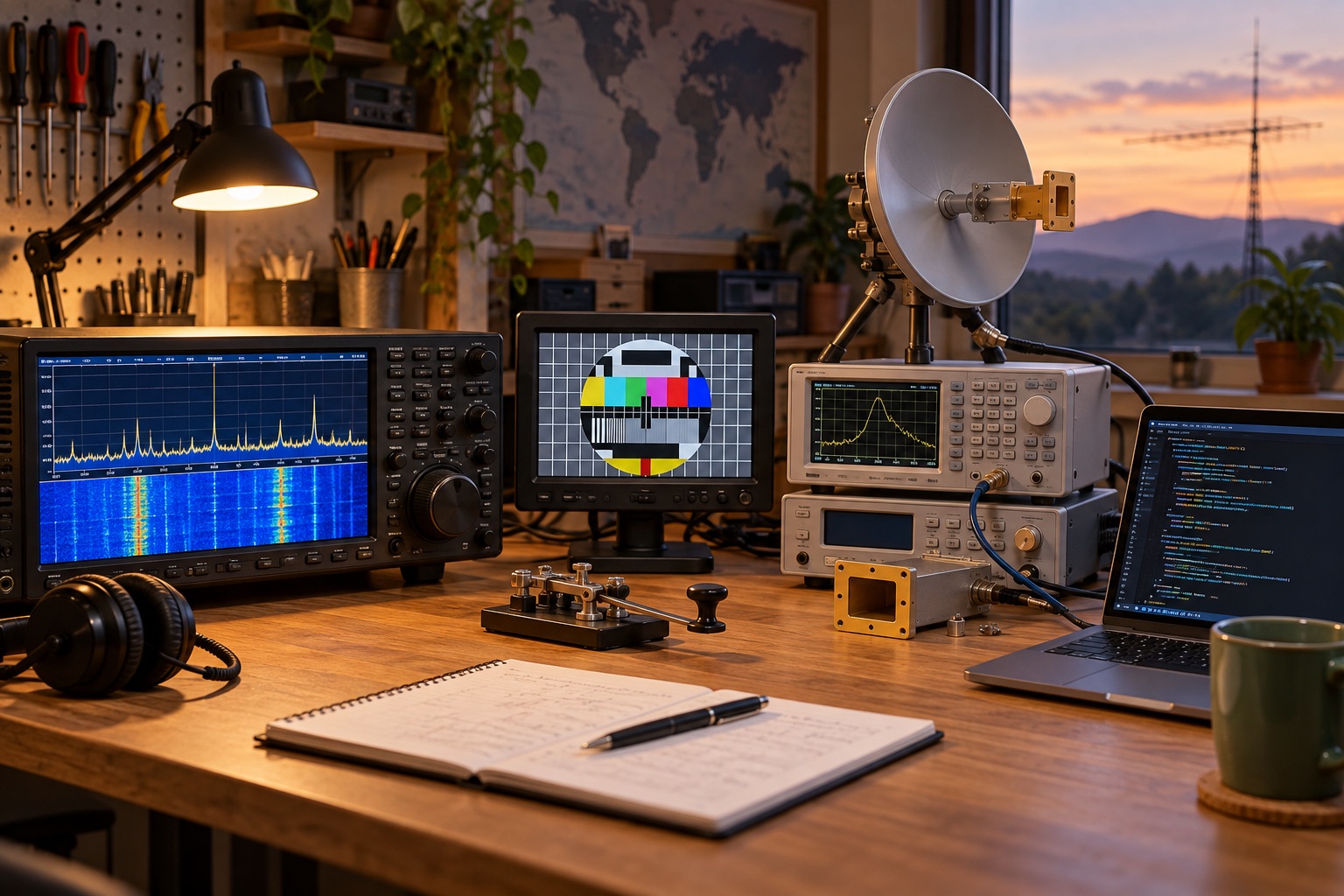 Amateur radio workbench with SDR waterfall display, DATV test pattern, microwave dish, RF instruments and coding laptop